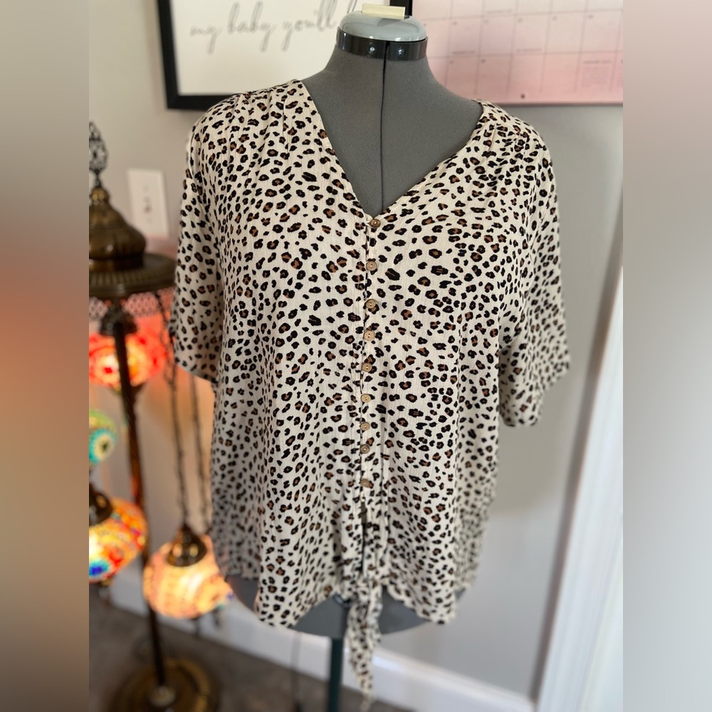 Daytrip - Cheetah Print Short Sleeve Button Down and Tie Blouse